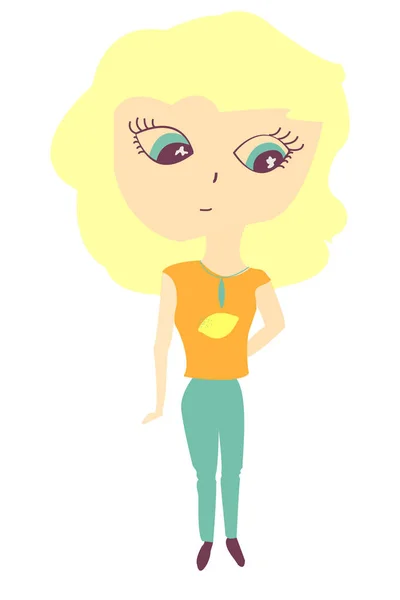 Cartoon style cheveux blonds yeux verts hipster fille personnage — Image vectorielle