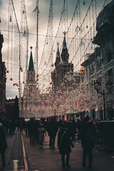 View Nikolskaya Street Red Square Decorated New Year Light Garlands — Stock Photo, Image