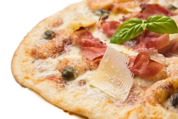 Pizza with baked ham and grana — Stock Photo, Image