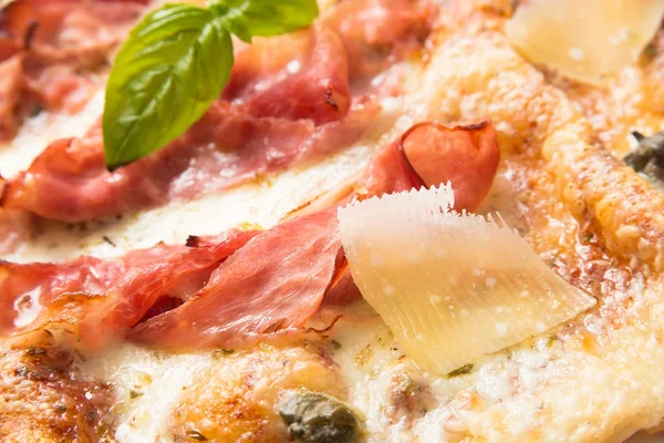 Pizza with baked ham and grana — Stock Photo, Image