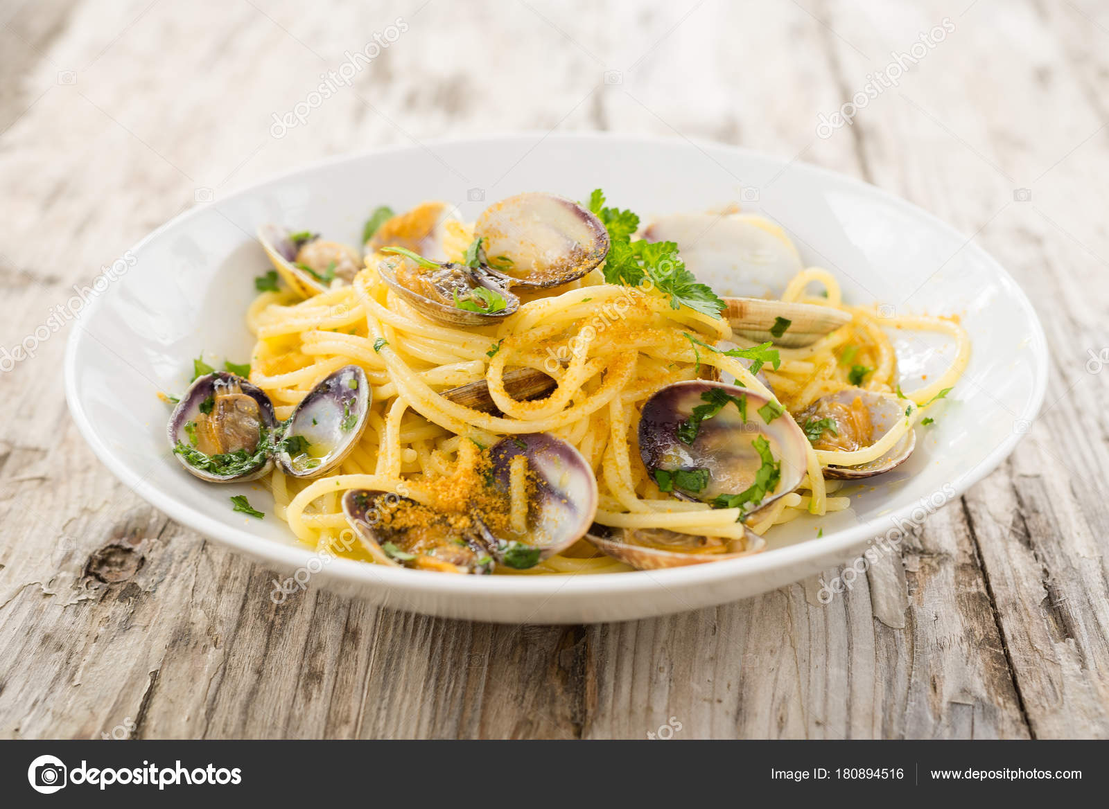 Dish Spaghetti Clams Bottarga Italian Food Stock Photo by ©marmo81