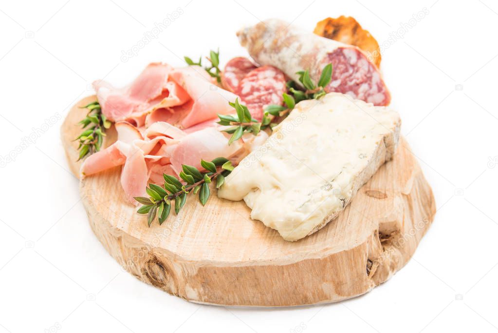 Gorgonzola, prosciutto cotto ham and salami, Italian foods 