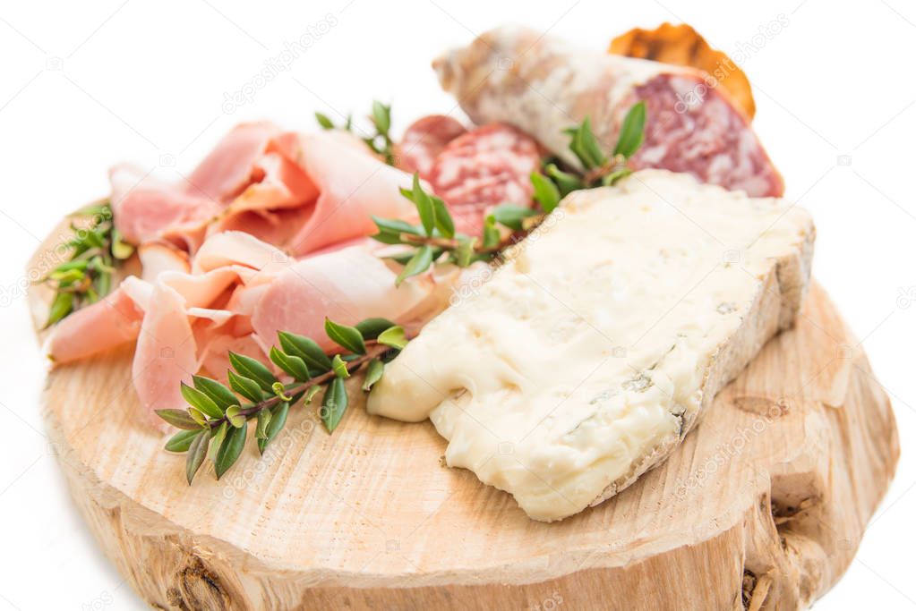 Gorgonzola, prosciutto cotto ham and salami, Italian foods 