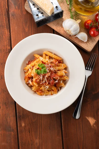 Plato Deliciosa Pasta Con Salsa Boloñesa Cocina Italiana — Foto de Stock