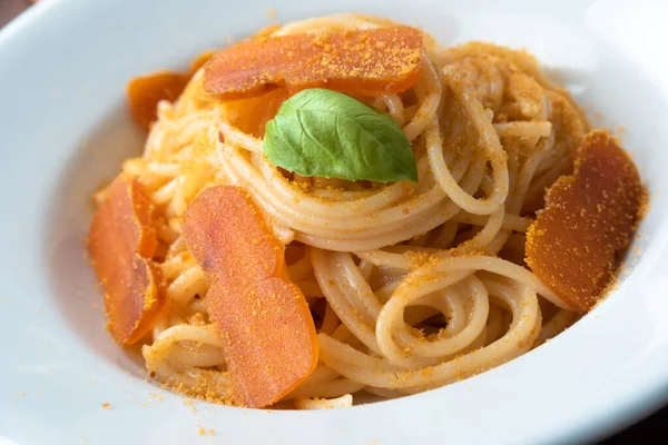 Heerlijke Spaghetti Met Bottarga Typisch Sardines Eten — Stockfoto