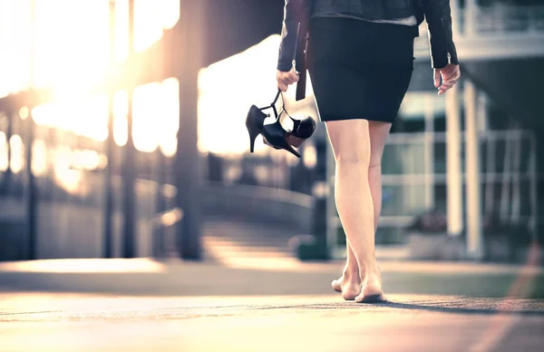 Woman Holding High Heels Hand Walking Home Party Barefoot Businesswoman — Stock Photo, Image