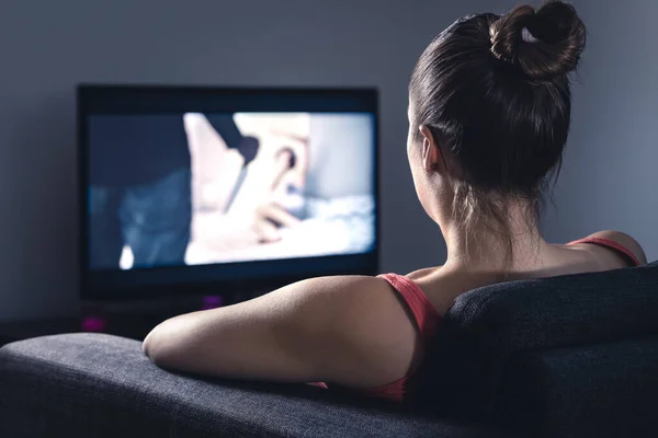 Young Woman Watching Horror Movie Online Stream Service Girl Streaming — Stock Photo, Image