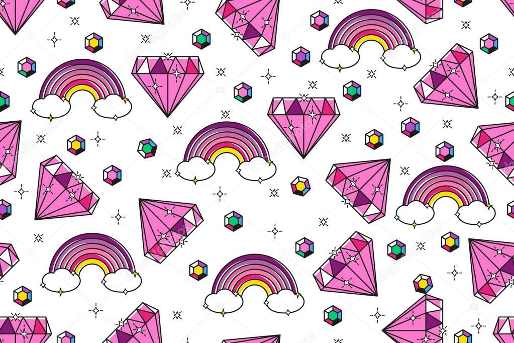 Vector seamless tiling pattern with diamonds and rainbow