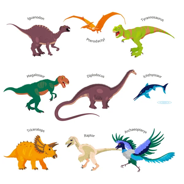 Conjunto de ilustrações vetoriais de dinossauros em estilo cartoon. Conceito do parque jurássico: dinossauros realistas isolados em fundo branco . —  Vetores de Stock