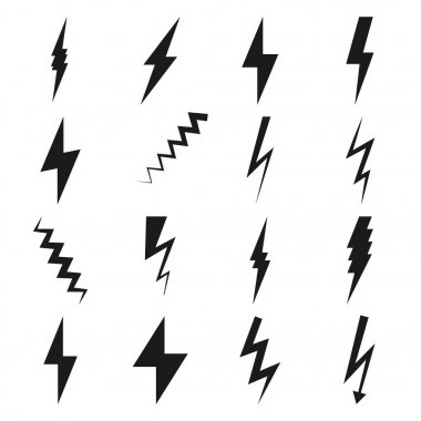 Basit geometrik tarzı yaptı yıldırım vektör simgeler kümesi. Elektrik voltajı kavramı. 