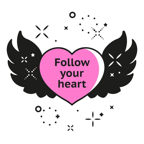 Bannière d'amour avec coeur, ailes et étoiles sur fond blanc. Expression textuelle Suivez votre cœur . — Image vectorielle
