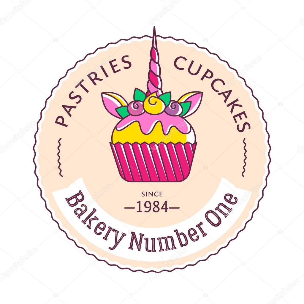Text Pastries, Cupcakes, Bakery Number One, Since 84. Sweet label, badge, stamp or logotype