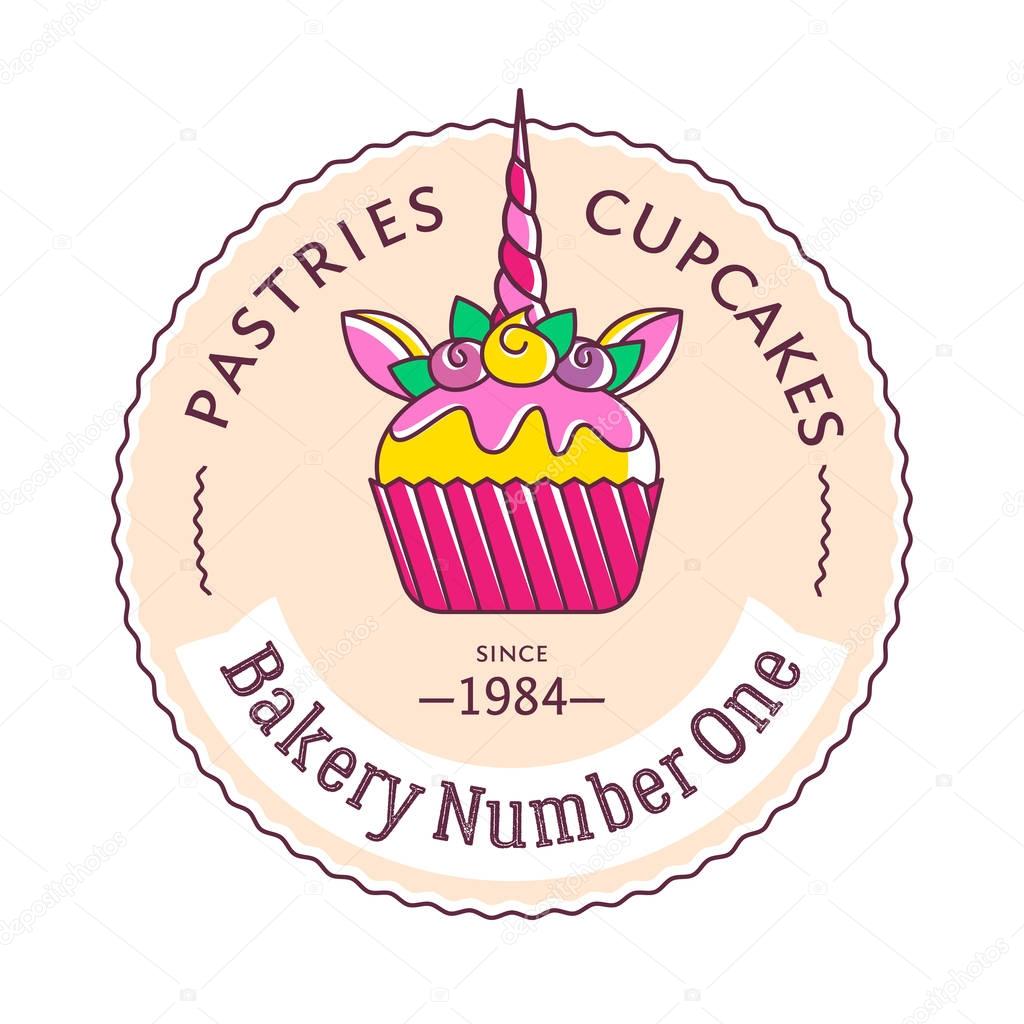 Abstract emblem of Bakery with illustration of unicorn cupcake, ribbon, zig-zag line decoration elements.