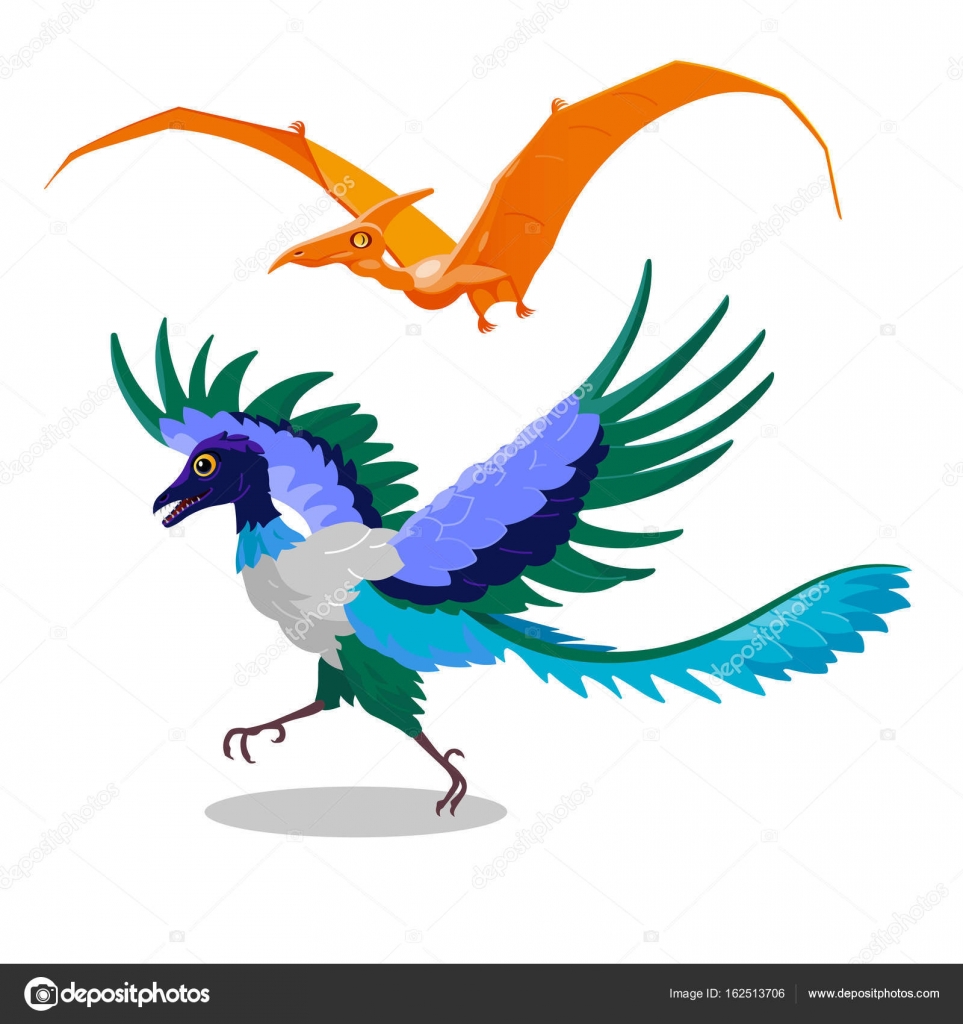 Download Cartoon illustration of Archaeopteryx and Pterodactyl. Flying dinosaur fossil bird of the ...