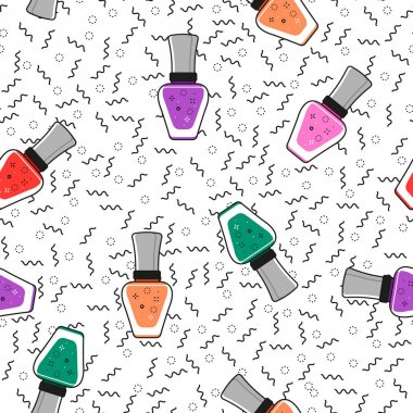 Tırnak cilası şişeleri ve dalgalı zikzak çizgiler soyut Dikişsiz desen arka plan yapılmış.