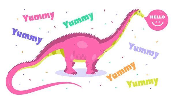 Kids party banner with cute dinosaur Diplodocus character on white background. Text YUMMY. — Stock Vector
