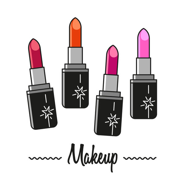 Vector illustration with 4 lipsticks: red lipstick, orange lipstick, pink and purple one.