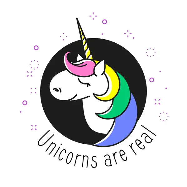 Icône cercle vectoriel licorne avec texte UNICORNS ARE REAL, galaxie des étoiles magiques, crinière de mode arc-en-ciel et corne d'or . — Image vectorielle