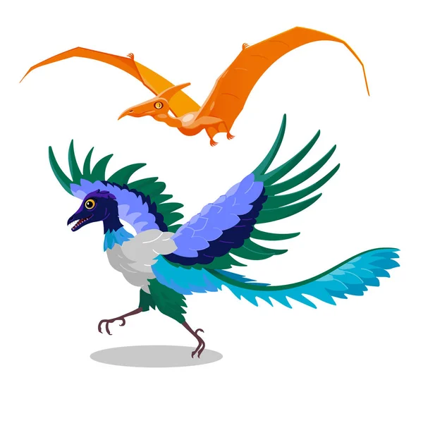 Zeichentrickillustration von Archaeopteryx und Flugsaurier. Fliegender Dinosaurier fossiler Vogel aus der Jurazeit. — Stockvektor