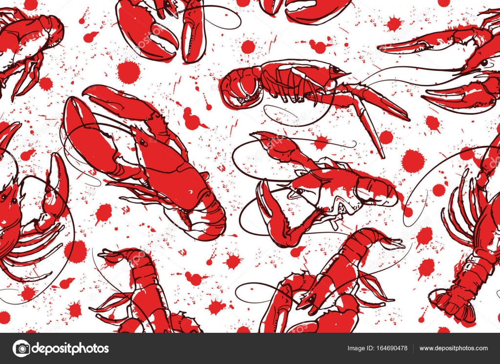 Abstract seamless vector pattern with set of crayfish ink illustrations