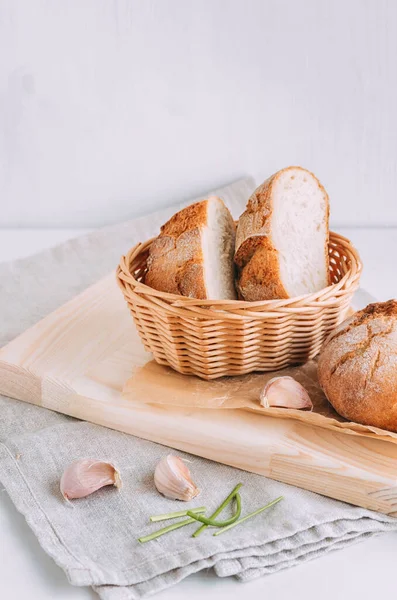 Fresh homemade garlic bread. Alternative bread concept. Organic buckwheat bread close up. The concept of slow carb baking. Copy space.