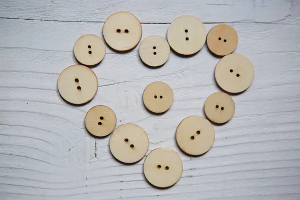 White Surface Buttons Made Wood Form Symbol Heart View Top — Stock Photo, Image