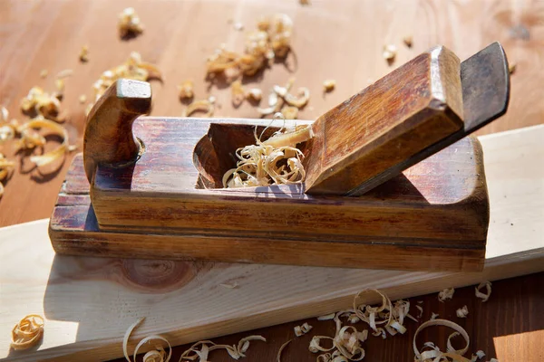 Working Vintage Tool Planers Lying Wooden Surface Chip Board — Stock Photo, Image