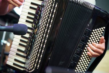 Erkek bir müzisyenin elindeki müzik aleti akordeonu. Kültür ve sanat kavramı.