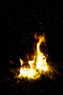 Ormanda şenlik ateşi ve karanlıkta uçuşan kıvılcımlar..
