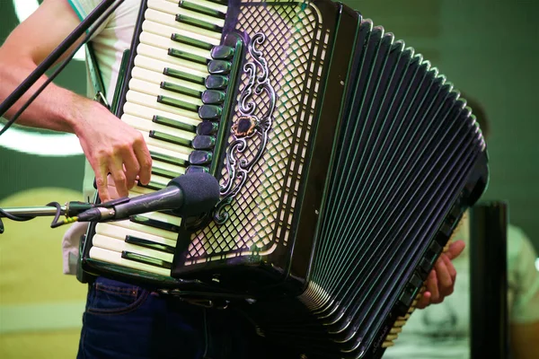 Erkek Bir Müzisyenin Elindeki Müzik Aleti Akordeonu Kültür Sanat Kavramı — Stok fotoğraf