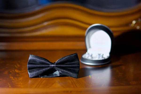 Men Black Bow Tie Lies Table Surface Background Box Cufflinks — Stock Photo, Image