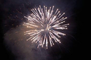 Karanlık gökyüzüne karşı parlak renkli havai fişekler.