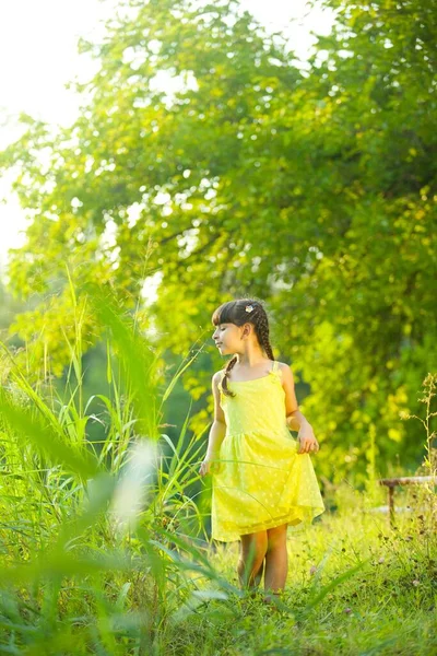 赤ん坊の女の子で明るい黄色のドレス行く下のパス過去の茂みと高い草 — ストック写真