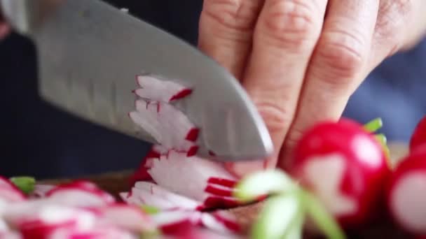 Kvinna skär rädisor — Stockvideo