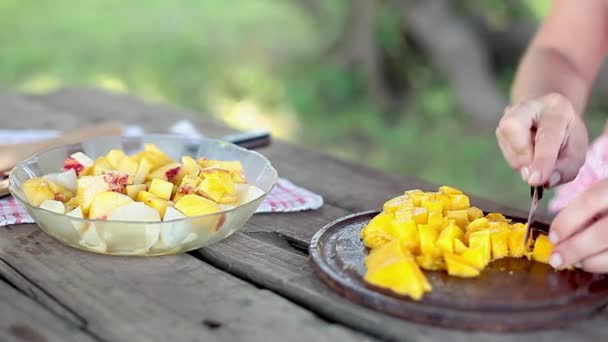 Gehakte mango aan de fruitsalade toe te voegen — Stockvideo
