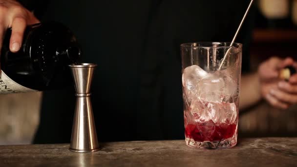 Barman gin aan de cocktail toevoegen — Stockvideo