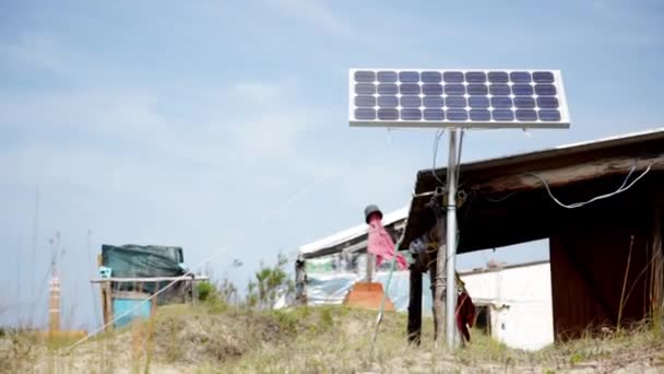 Solar panel on beach — Stock Video