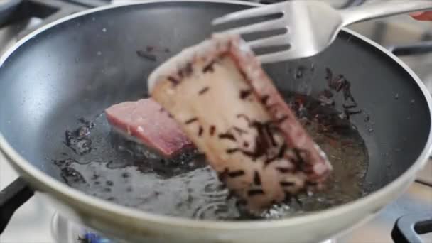Pfanne brutzelt frischer Thunfisch — Stockvideo