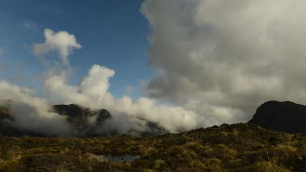 Lapso de tempo de nuvens baixas se movendo sobre o topo da montanha — Vídeo de Stock