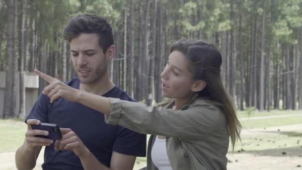 Caminhadas de casal na floresta — Vídeo de Stock