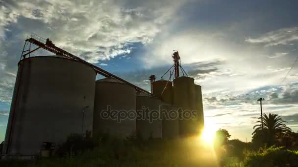 Zonsondergang over graansilo 's — Stockvideo