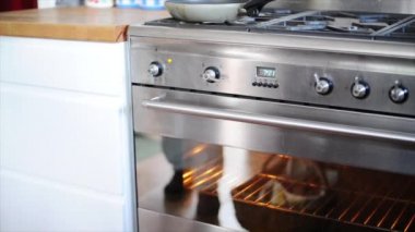 Meyve tatlı fırına koyarak kadın