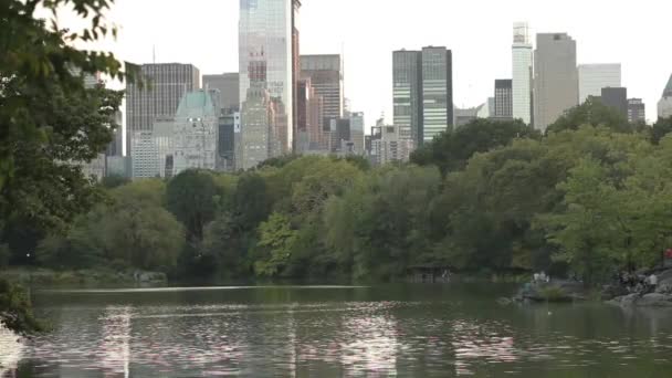 Manhattan wolkenkrabbers bekeken uit het meer in Central Park — Stockvideo