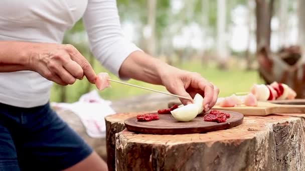 Збираємо курку, цибулю і сушені томатні шашлики — стокове відео