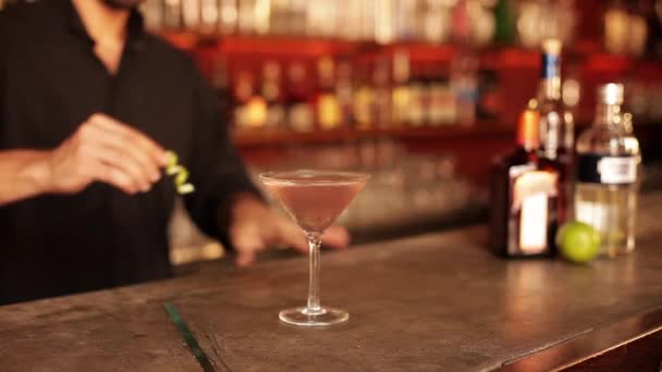 Bartender adding finishing touch to cosmopolitan — Stock Video