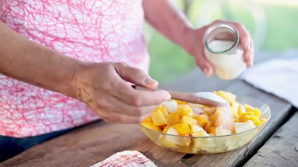 Añadir azúcar a la mezcla de ensaladas de frutas — Vídeo de stock