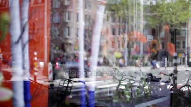 Busy City Street Traffic Reflected Flower Shop Display Window — Stock Video