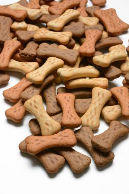Beyaz arka plan kemiklerde şeklinde köpek bisküvi