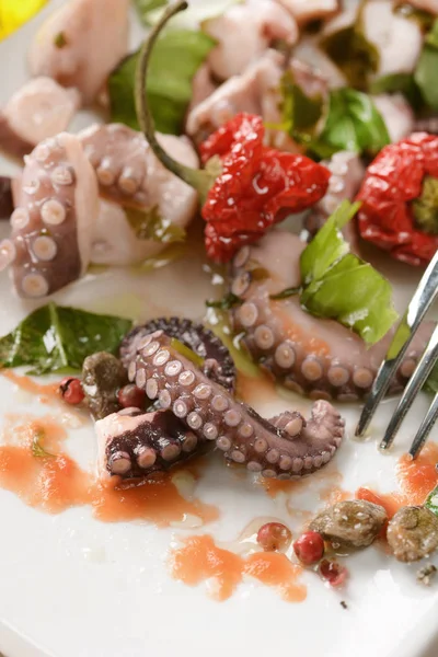 Octopus with seasoning on white dish — Stock Photo, Image