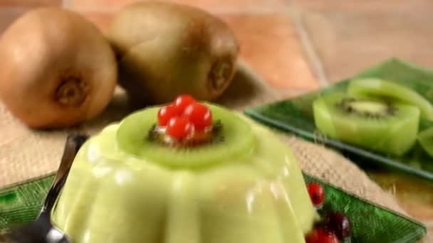 Kiwi-Pudding mit Johannisbeeren in Glasuntertasse — Stockvideo